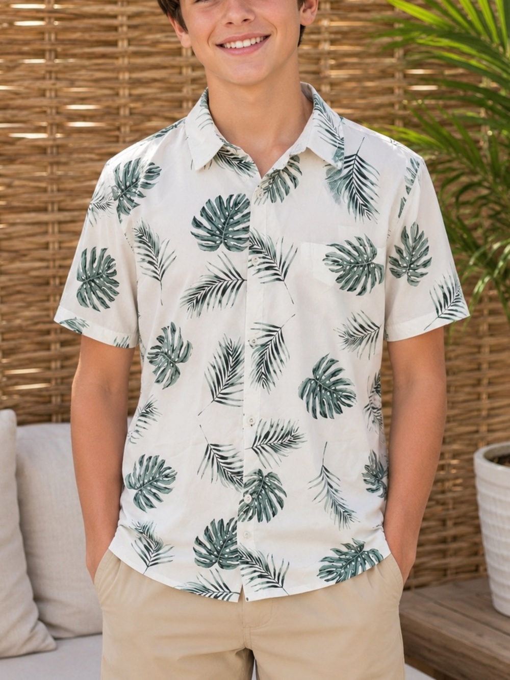 Boys Tropical Palm Leaf Button Front Shirt Youth 13-14 - Resort/Vacation Shirt
